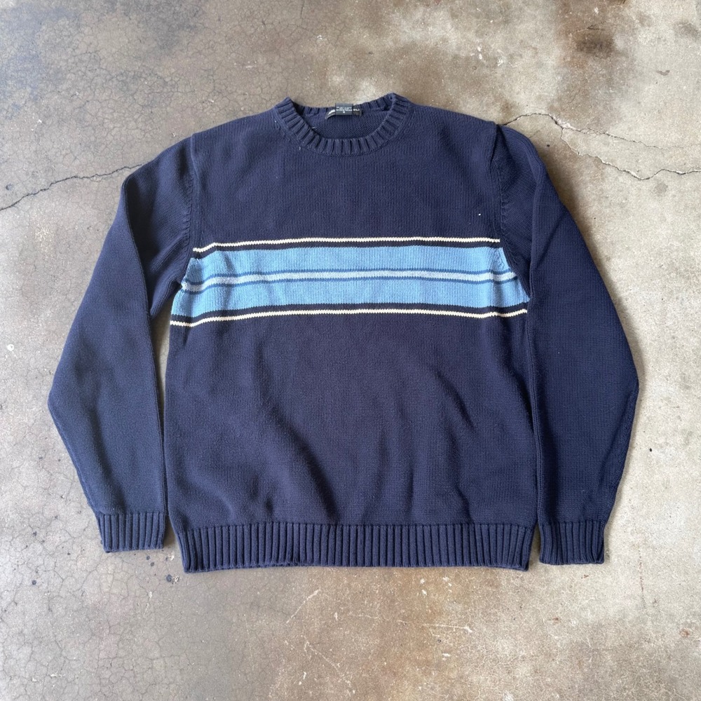 Eddie Bauer Sweater Mens M Navy Blue Excellent Striped Cotton Crewneck Pullover